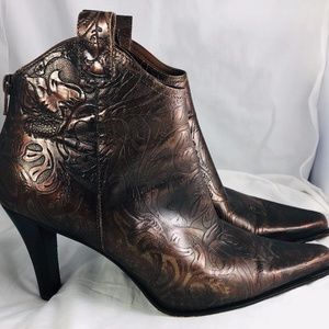 Antonio Melani Bronze Tooled Leather Ankle Boots